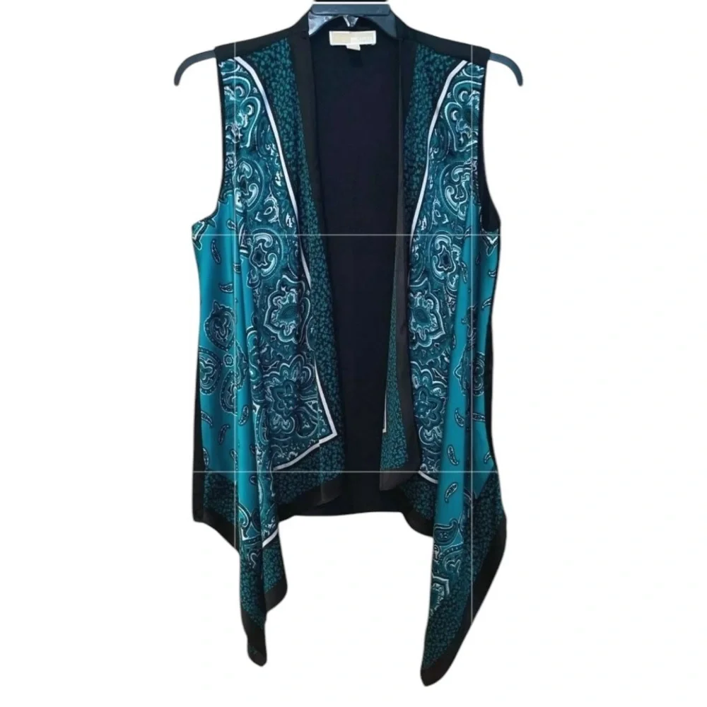 Michael Kors black & teal silk vest paisley print waterfall front size LG-XL